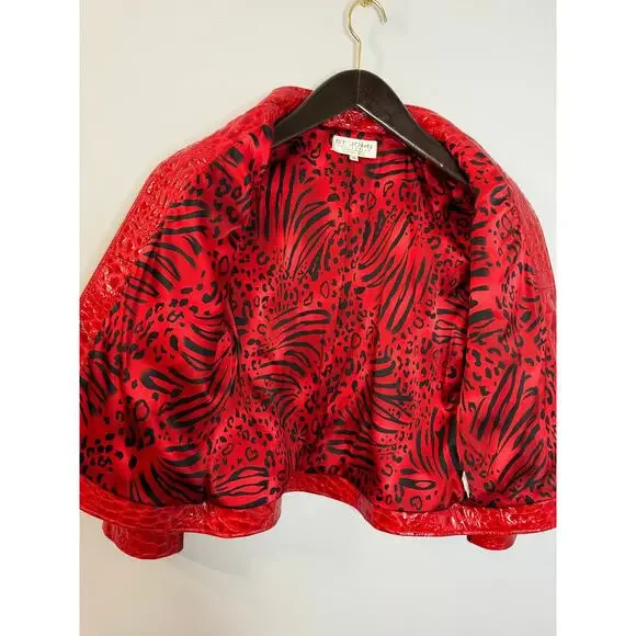 VTG St. John By Marie Gray Red Leather Women's Jacket Crocodile Embossed Sz 14